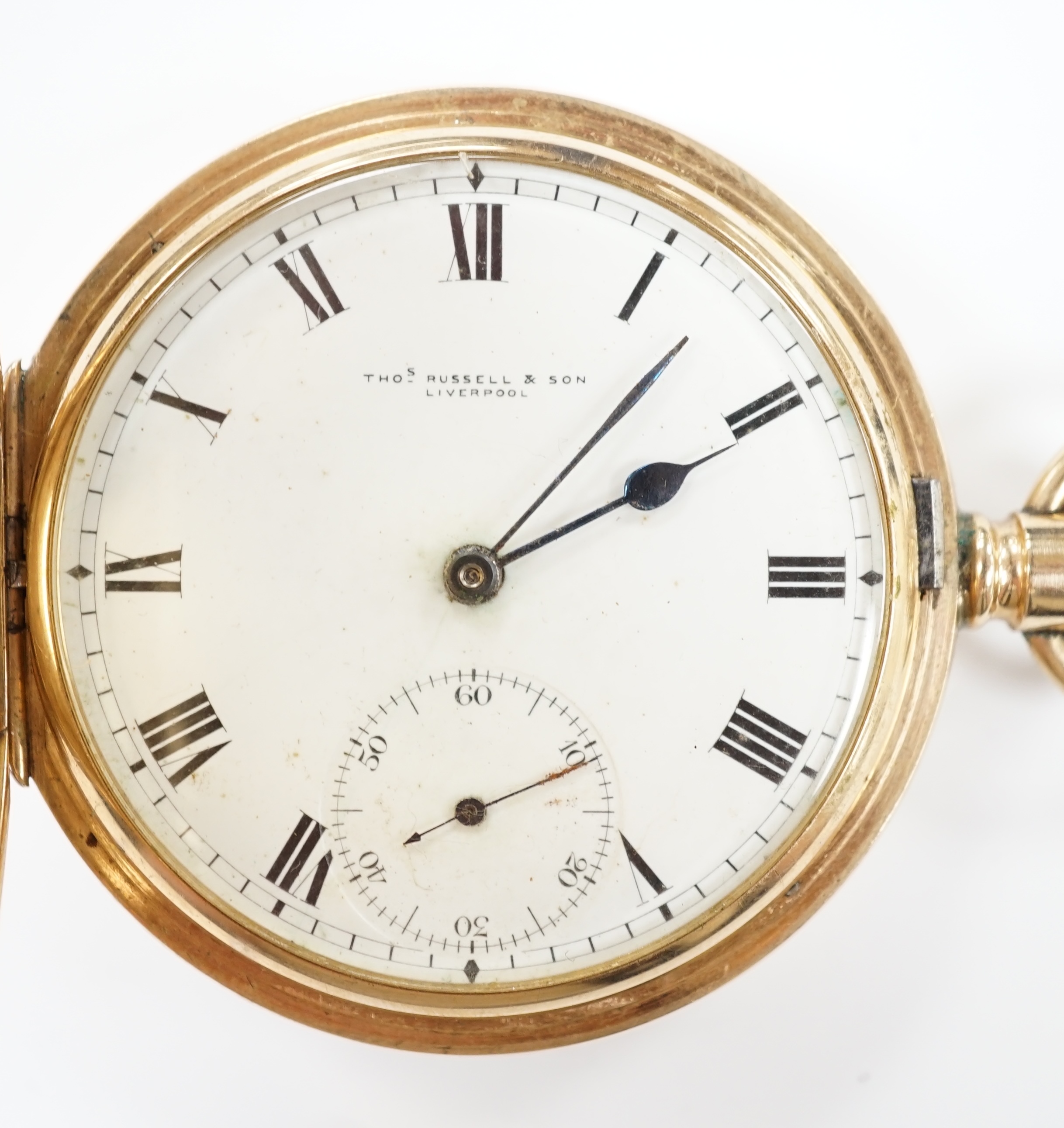 A George V 9ct gold keyless hunter pocket watch, by Thomas Russell of Liverpool, with Roman dial and subsidiary seconds, case diameter 50mm, gross weight 90.4 grams.